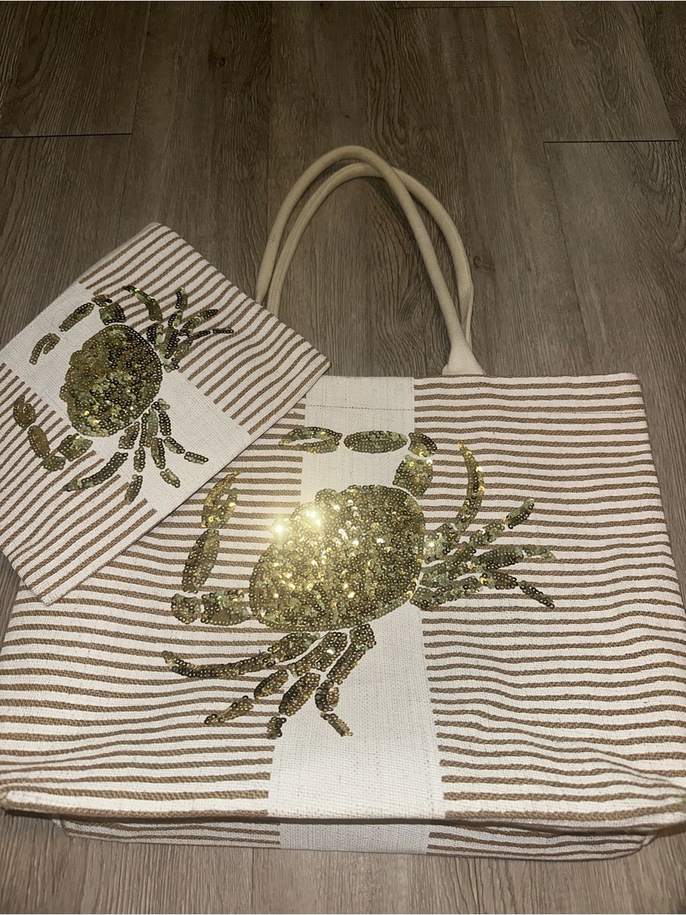 Mud Pie Gold Sequin Crab Tote Bag and Matching Zip Pouch